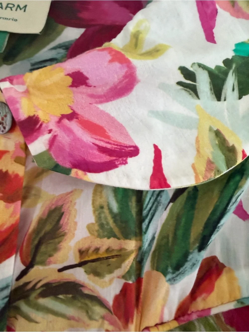 FARM Rio Pink & Green Floral Puff-Sleeve Blouse, size XL